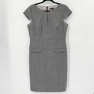 Hugo Boss Domita Wool Sheath‎ Dress Sz 10 Gray Split Neck Cap Sleeve Pockets